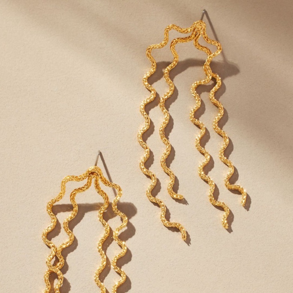 Anthropologie 14k Scalloped Drop Earrings Double Gold Plated Wavy Long Dangling